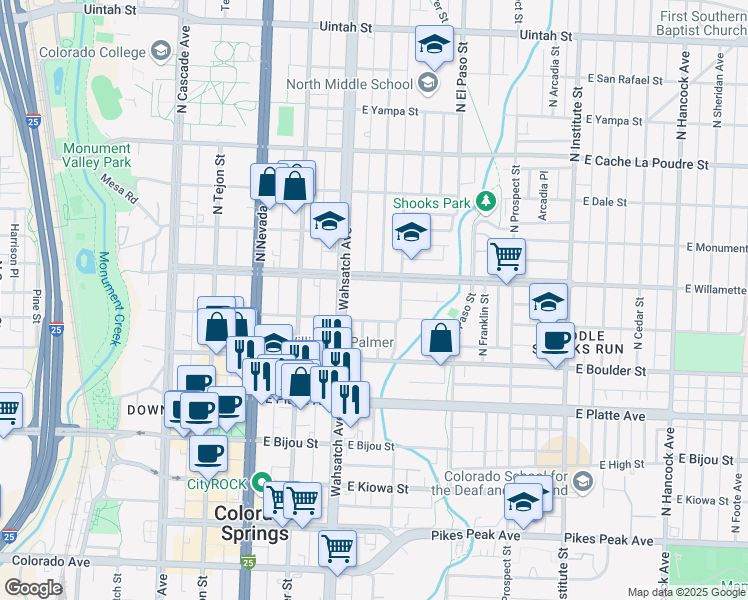map of restaurants, bars, coffee shops, grocery stores, and more near in Colorado Springs