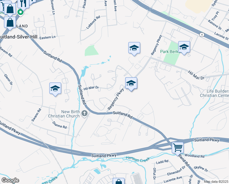 map of restaurants, bars, coffee shops, grocery stores, and more near 3513 Regency Parkway in District Heights