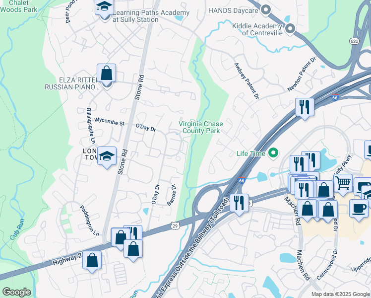 map of restaurants, bars, coffee shops, grocery stores, and more near 14560 Woodgate Manor Circle in Centreville
