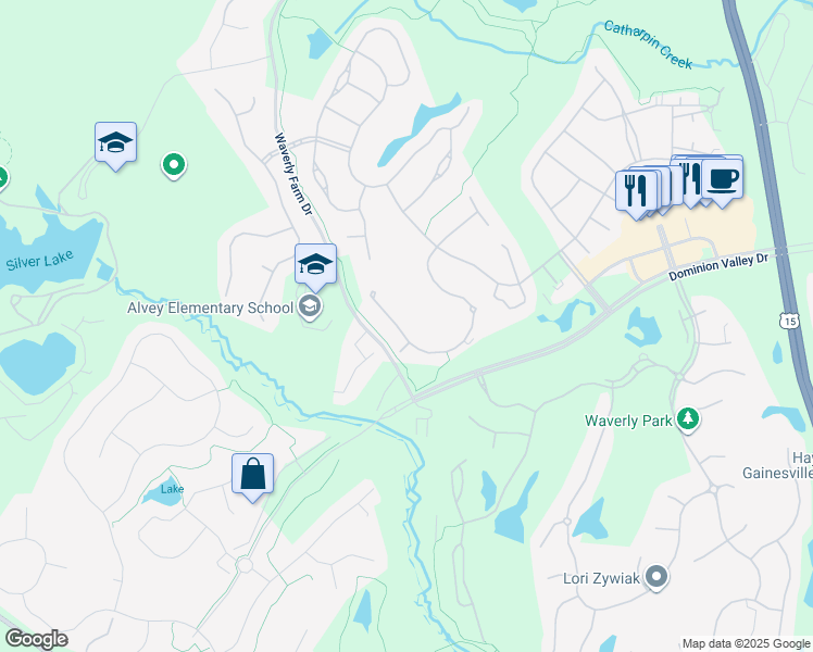 map of restaurants, bars, coffee shops, grocery stores, and more near 5440 Trevino Drive in Haymarket