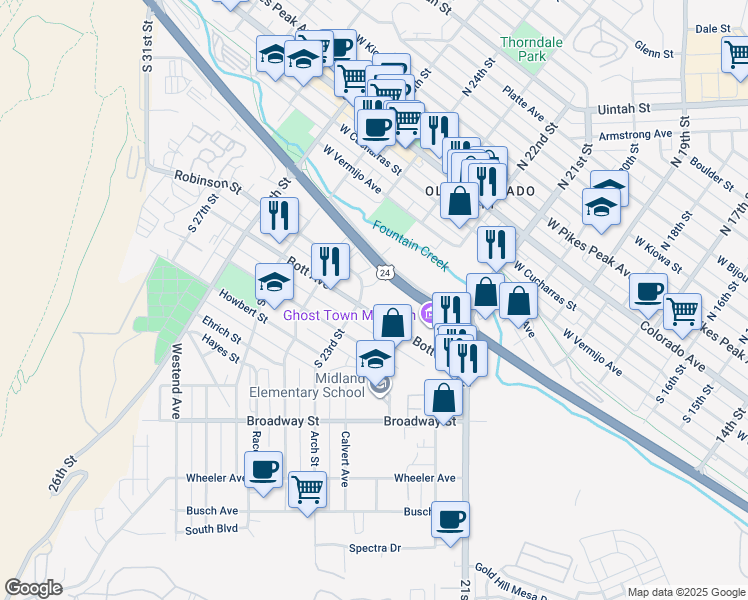map of restaurants, bars, coffee shops, grocery stores, and more near 2221 Bott Avenue in Colorado Springs