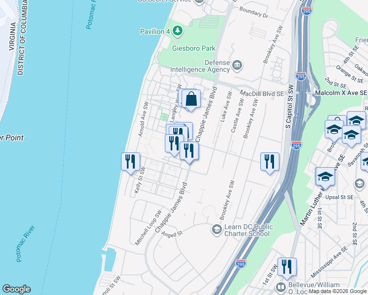 map of restaurants, bars, coffee shops, grocery stores, and more near 195 Chappie James Boulevard in Washington