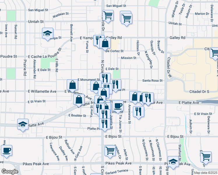 map of restaurants, bars, coffee shops, grocery stores, and more near 620 Juanita Street in Colorado Springs