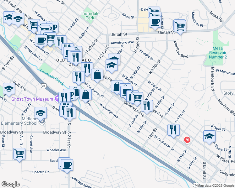 map of restaurants, bars, coffee shops, grocery stores, and more near 1723 West Colorado Avenue in Colorado Springs