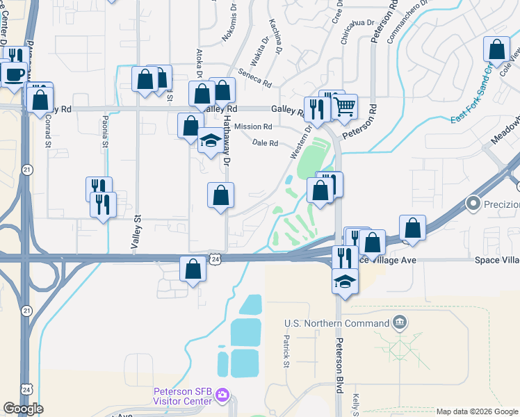 map of restaurants, bars, coffee shops, grocery stores, and more near 742 Western Drive in Colorado Springs