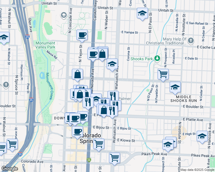 map of restaurants, bars, coffee shops, grocery stores, and more near 318 East Saint Vrain Street in Colorado Springs