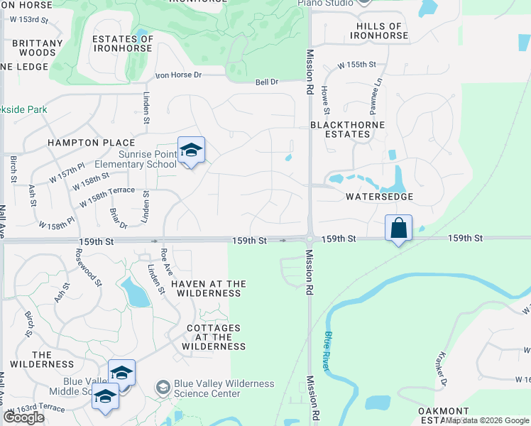 map of restaurants, bars, coffee shops, grocery stores, and more near 4314-4328 West 159th Street in Overland Park
