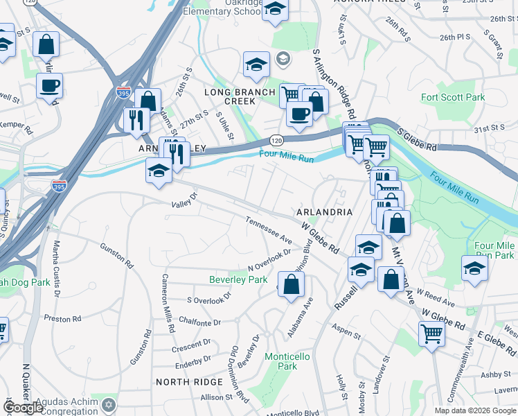 map of restaurants, bars, coffee shops, grocery stores, and more near W Glebe Rd & Florence Dr in Alexandria