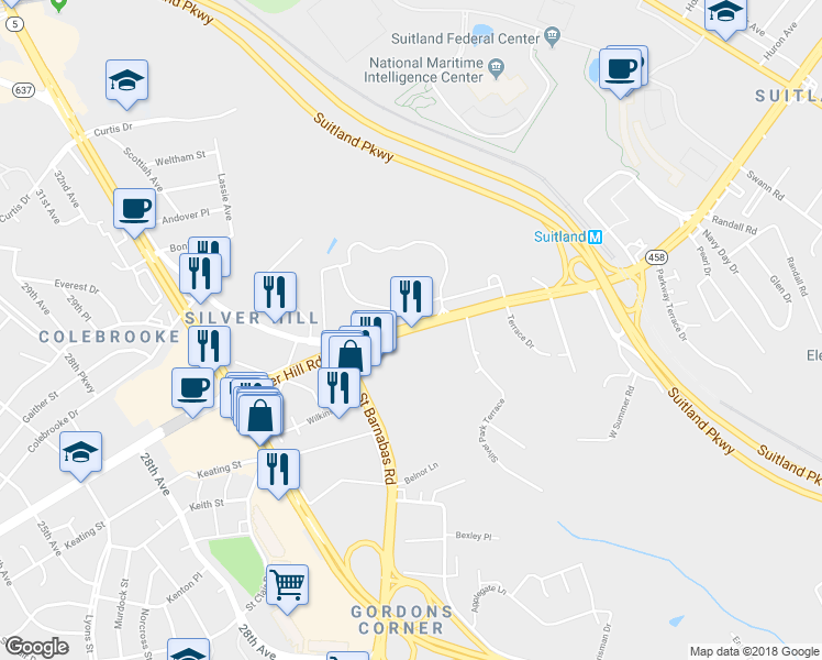 map of restaurants, bars, coffee shops, grocery stores, and more near 4031 Silver Hill Rd in Suitland