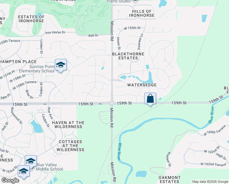 map of restaurants, bars, coffee shops, grocery stores, and more near 15835 Mission Road in Overland Park