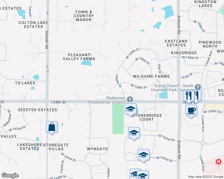 map of restaurants, bars, coffee shops, grocery stores, and more near 7659 West 158th Street in Overland Park