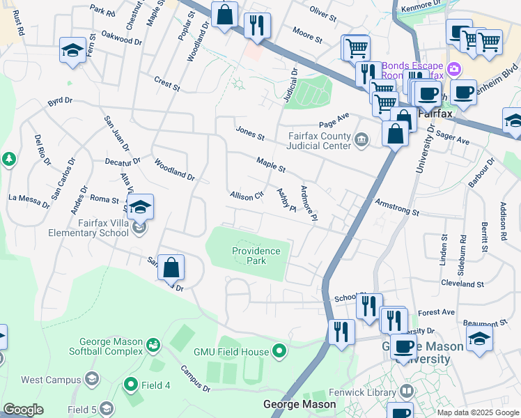 map of restaurants, bars, coffee shops, grocery stores, and more near 4223 Allison Circle in Fairfax