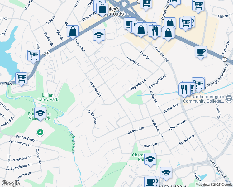 map of restaurants, bars, coffee shops, grocery stores, and more near 3811 Lacy Boulevard in Falls Church