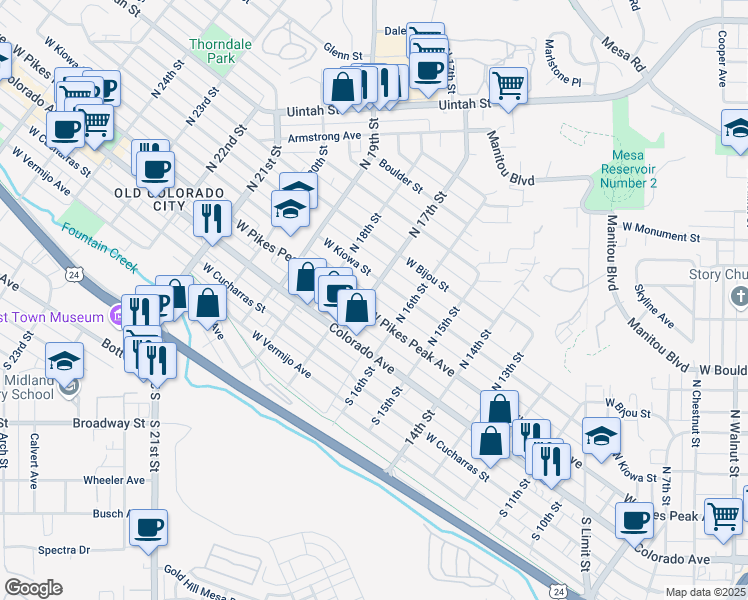 map of restaurants, bars, coffee shops, grocery stores, and more near 11 North 17th Street in Colorado Springs