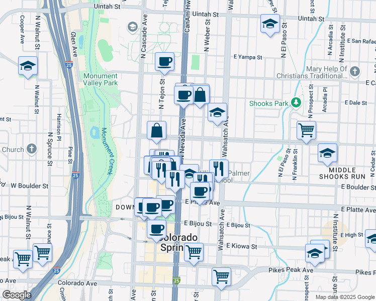 map of restaurants, bars, coffee shops, grocery stores, and more near 226 East Saint Vrain Street in Colorado Springs
