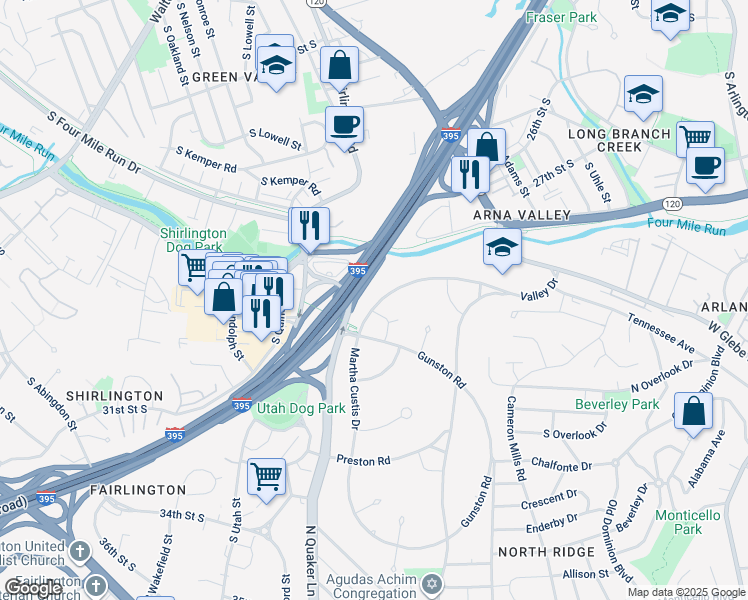 map of restaurants, bars, coffee shops, grocery stores, and more near 1423 Martha Custis Drive in Alexandria