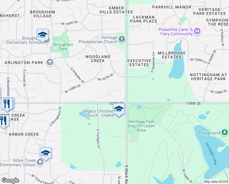 map of restaurants, bars, coffee shops, grocery stores, and more near 15888 South Foxridge Court in Olathe