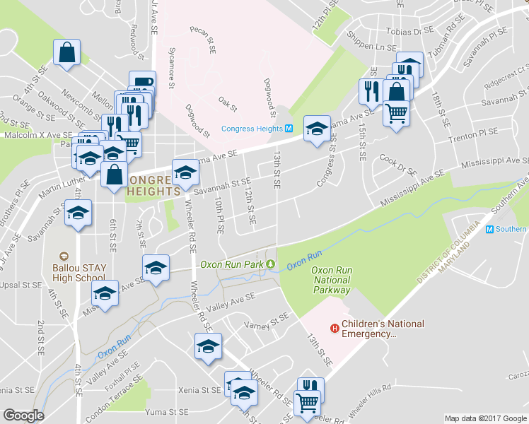 map of restaurants, bars, coffee shops, grocery stores, and more near 1215 Congress Street Southeast in Washington