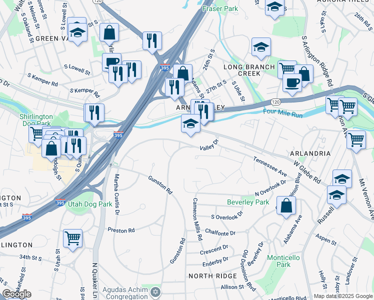 map of restaurants, bars, coffee shops, grocery stores, and more near 1132 Valley Drive in Alexandria