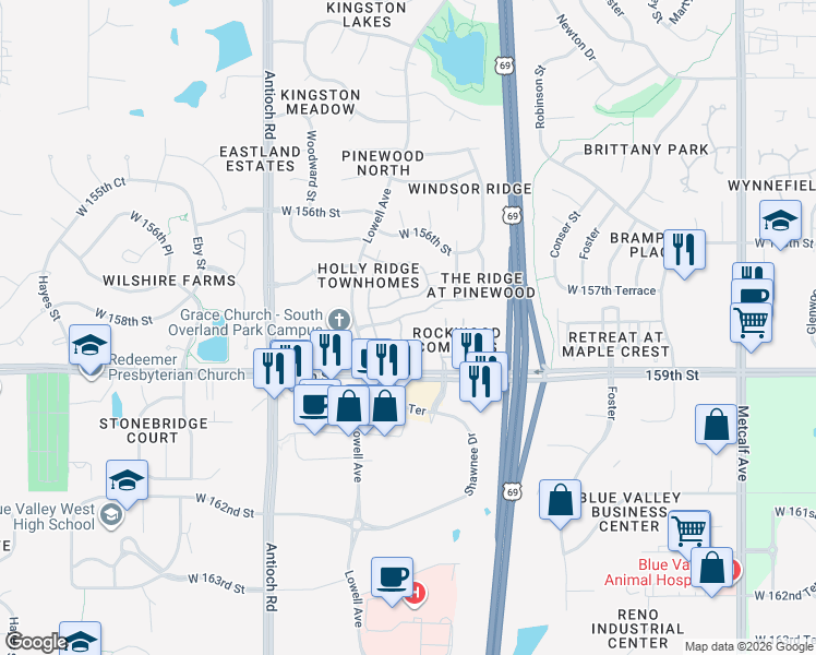 map of restaurants, bars, coffee shops, grocery stores, and more near 7812 West 158th Court in Overland Park