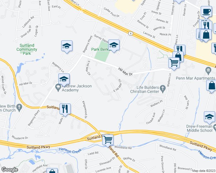 map of restaurants, bars, coffee shops, grocery stores, and more near 3510 Community Drive in District Heights