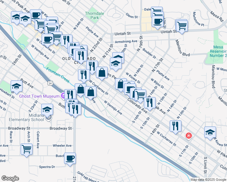 map of restaurants, bars, coffee shops, grocery stores, and more near 1723 West Colorado Avenue in Colorado Springs