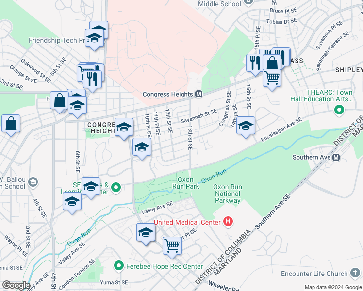 map of restaurants, bars, coffee shops, grocery stores, and more near 1215 Congress Street Southeast in Washington