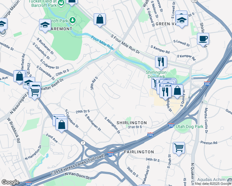 map of restaurants, bars, coffee shops, grocery stores, and more near 2913 South Woodley Street in Arlington