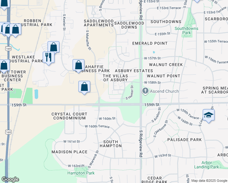 map of restaurants, bars, coffee shops, grocery stores, and more near 18666 West 157th Terrace in Olathe