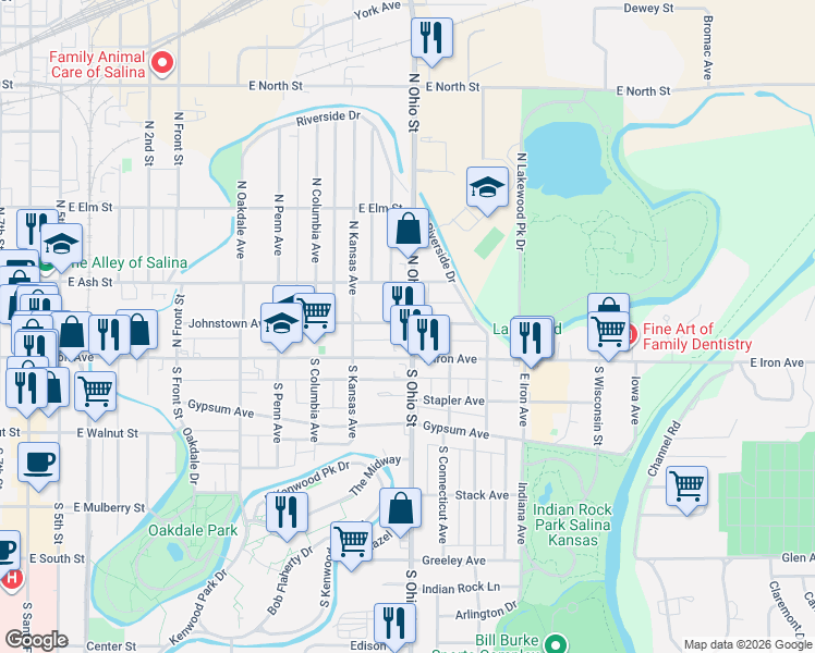 map of restaurants, bars, coffee shops, grocery stores, and more near 115 N Ohio St in Salina