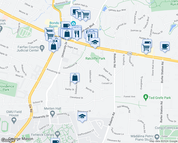 map of restaurants, bars, coffee shops, grocery stores, and more near 4116 Addison Road in Fairfax