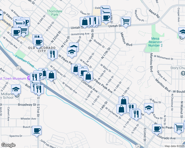 map of restaurants, bars, coffee shops, grocery stores, and more near 11 North 17th Street in Colorado Springs