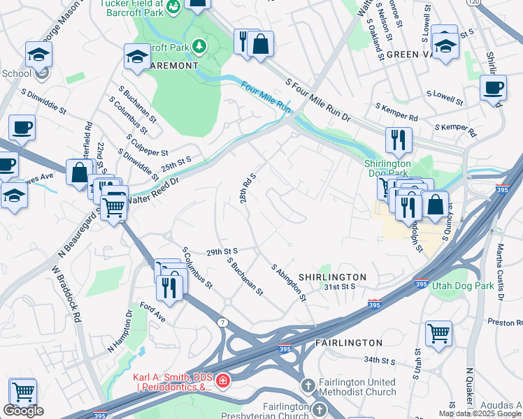 map of restaurants, bars, coffee shops, grocery stores, and more near 2809A South Woodrow Street in Arlington