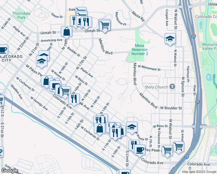 map of restaurants, bars, coffee shops, grocery stores, and more near 205 North 14th Street in Colorado Springs