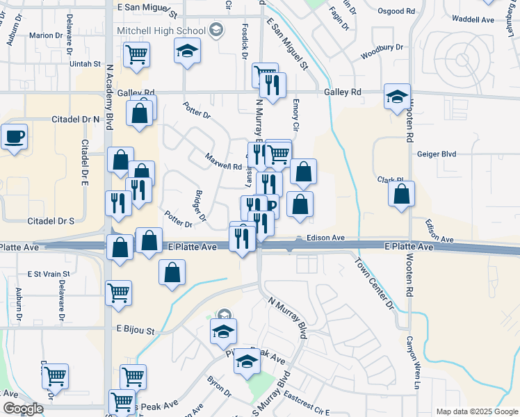 map of restaurants, bars, coffee shops, grocery stores, and more near 535 North Murray Boulevard in Colorado Springs