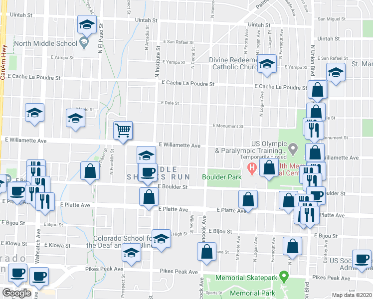 map of restaurants, bars, coffee shops, grocery stores, and more near 512 North Cedar Street in Colorado Springs