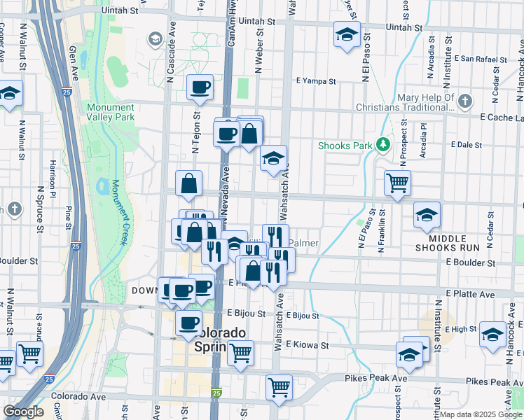 map of restaurants, bars, coffee shops, grocery stores, and more near 318 East Saint Vrain Street in Colorado Springs