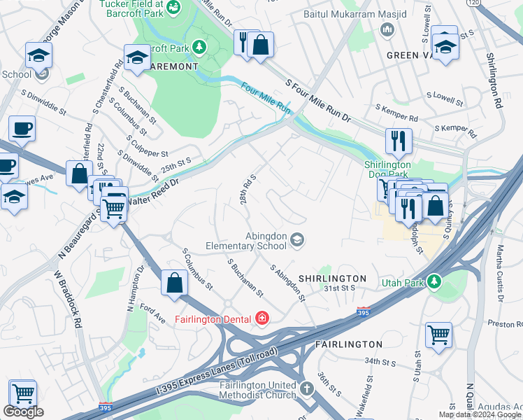 map of restaurants, bars, coffee shops, grocery stores, and more near 2809E South Woodrow Street in Arlington