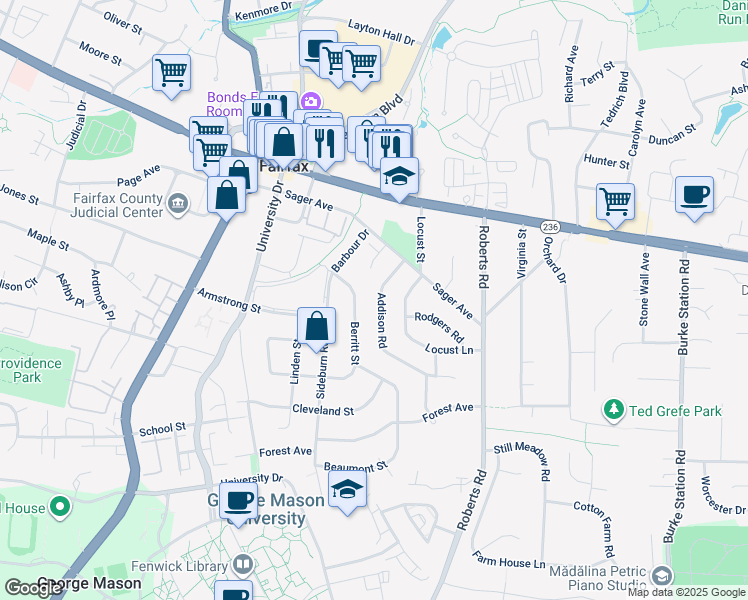 map of restaurants, bars, coffee shops, grocery stores, and more near 4116 Addison Road in Fairfax