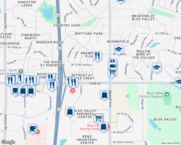 map of restaurants, bars, coffee shops, grocery stores, and more near 7321 West 158th Terrace in Overland Park