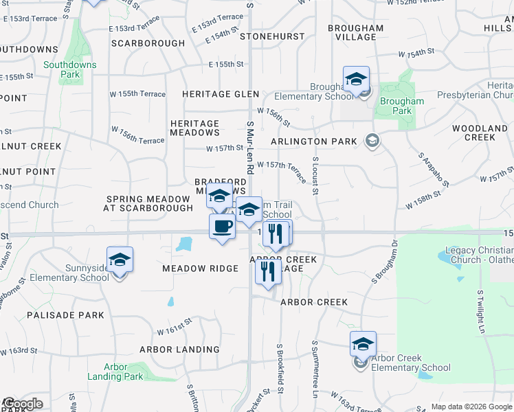 map of restaurants, bars, coffee shops, grocery stores, and more near 15870 South Bradley Drive in Olathe