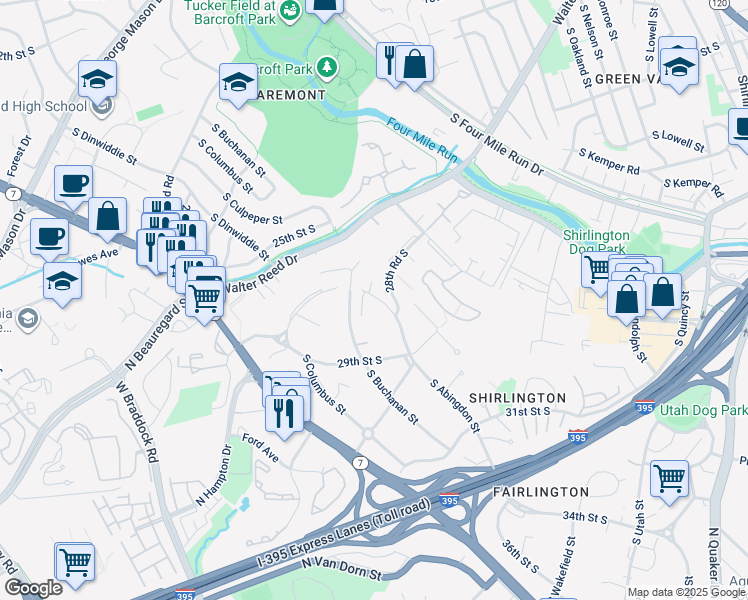 map of restaurants, bars, coffee shops, grocery stores, and more near 2816 South Abingdon Street in Arlington
