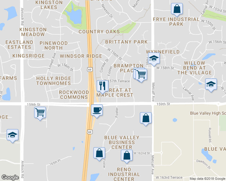 map of restaurants, bars, coffee shops, grocery stores, and more near 15800 Conser Street in Overland Park
