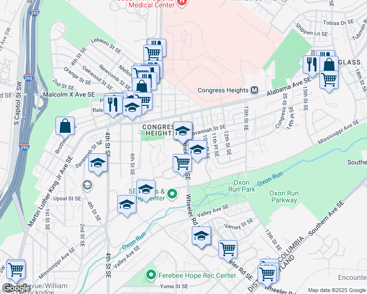 map of restaurants, bars, coffee shops, grocery stores, and more near 3301 Wheeler Road Southeast in Washington
