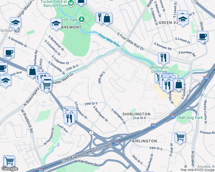 map of restaurants, bars, coffee shops, grocery stores, and more near 2809E South Woodrow Street in Arlington