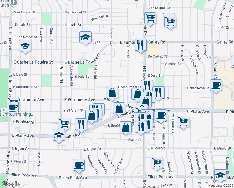 map of restaurants, bars, coffee shops, grocery stores, and more near 609 Bennett Avenue in Colorado Springs