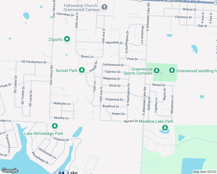 map of restaurants, bars, coffee shops, grocery stores, and more near 1407 Birch Drive in Greenwood