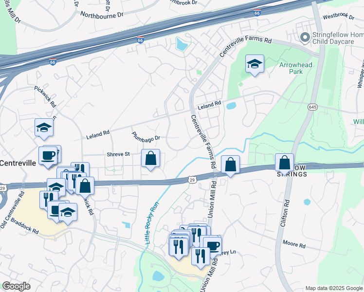 map of restaurants, bars, coffee shops, grocery stores, and more near 13514 Lamium Lane in Centreville