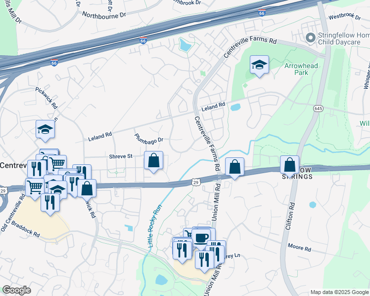 map of restaurants, bars, coffee shops, grocery stores, and more near 13514 Lamium Lane in Centreville