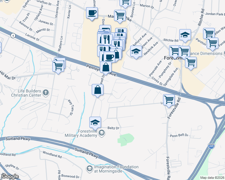map of restaurants, bars, coffee shops, grocery stores, and more near Donnell Place in Forestville